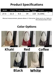 Detailed size chart and multi-color options for retro PU leather underarm baguette bag