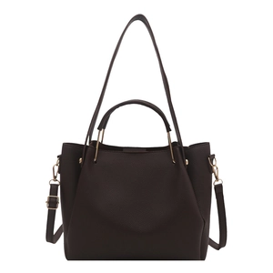 Brown faux leather tote bag with pebble texture and adjustable shoulder strap