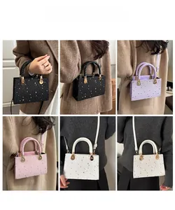 Detail shots of trendy star pattern crossbody bag with woven handle in four chic colors