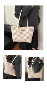 Detailed views of a large printed tote bag with leather handles shown from multiple angles