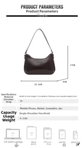 Detailed size specifications and material chart for the dark brown vintage PU shoulder bag