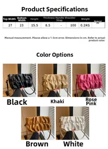 Detailed size specifications for a ruched cloud-style crossbody bag in five colors