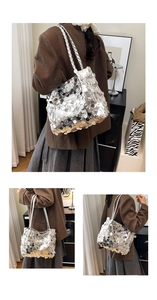 Detail of silver sequin shoulder bag showing large round sequins and woven handle texture