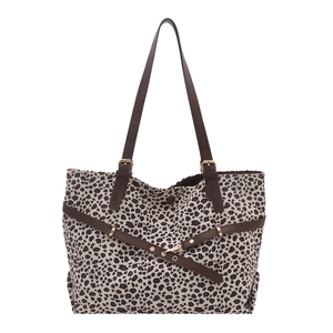 Retro leopard print tote bag with brown faux leather straps and buckle details