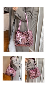 Detail of pink sequin shoulder bag with braided strap and fashion brand metal nameplate
