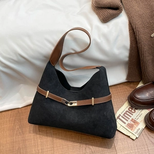 Vintage large capacity black suede tote bag with brown leather straps for autumn winter