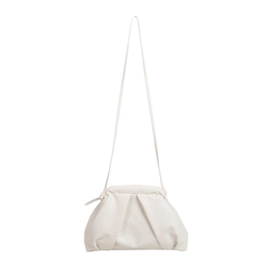 Minimalist white woven shell bag with soft pleats and a matching long shoulder strap