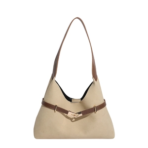Retro beige faux suede tote bag with brown straps and golden metal buckle for women