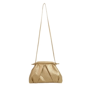 Golden woven cloud bag with pleats and slim strap for elegant women cross-body wear