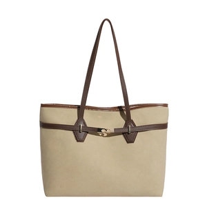 Retro contrast tote bag with beige canvas and brown leather straps for daily commute