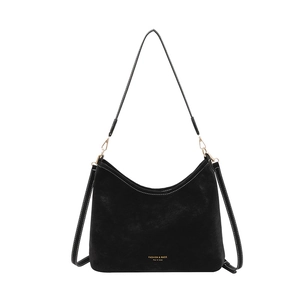 Classic black suede tote bag with white contrast stitching and gold lettering detail