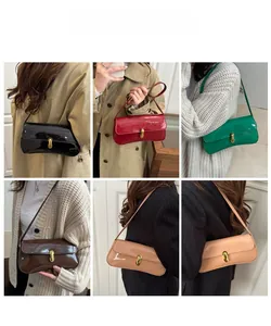 Collage of glossy PU leather shoulder bags in six colors with gold buckle details