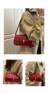 Three-way view of red patent leather baguette bag with gold buckle on trench coat