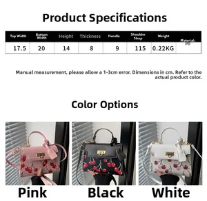 Detailed size chart and dimensions infographic for the cherry print crossbody handbag