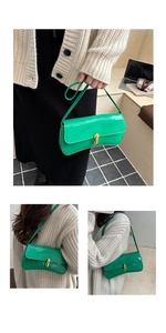 Detailed views of a green patent leather baguette bag with a gold metal lock and shoulder strap