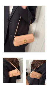 Three-way view of chic light coffee PU leather baguette bag with gold twist lock