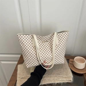 Women's large tote bag with retro brown geometric print and cream white top handles