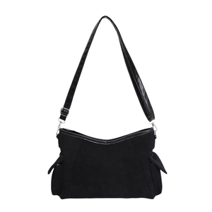 Vintage black matte shoulder bag with side pockets and adjustable strap for women