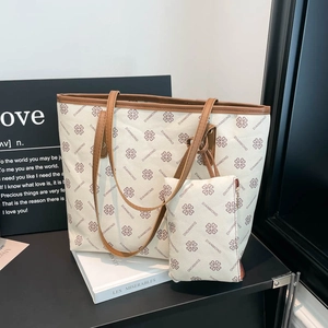 Vintage floral printed large tote bag set with matching pouch and brown leather straps