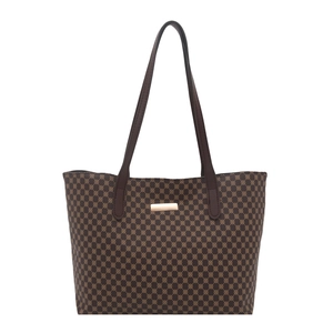Classic dark brown tote bag with gold geometric patterns and slim shoulder straps