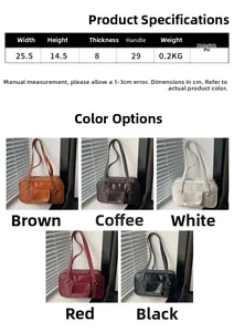Detailed size specifications for minimalist PU leather square shoulder bag showing dimensions