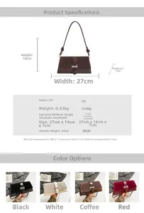 Detailed size guide and four-color comparison for minimalist matte PU leather shoulder bag