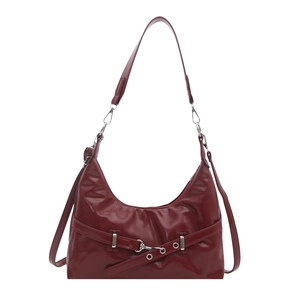 Vintage burgundy faux leather hobo shoulder bag with silver hardware and adjustable straps