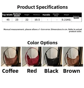 Detailed size chart for retro suede tote bag showing dimensions and four color options
