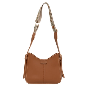 Classic brown retro leather shoulder bag with colorful wide geometric jacquard strap