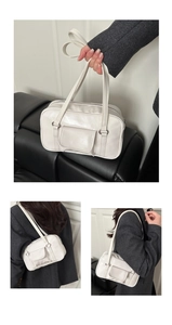 Detailed views of the white PU leather tote bag with a front pocket and long handles