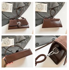 Detailed views of dark brown baguette bag with contrasting textures and silver metal hardware