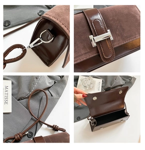 Detailed views of brown mixed-texture handbag featuring silver H-buckle and strap knot