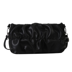 Fashionable pleated black cloud crossbody bag with glossy faux leather and shoulder strap