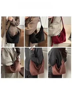 Collage of model carrying a suede shoulder hobo bag in various autumn colors and outfits