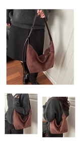 Detail view of large dark brown faux suede hobo bag shown from multiple angles
