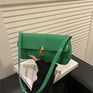 Vintage green patent leather shoulder bag with gold rectangular buckle for women