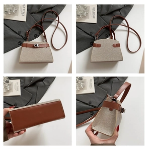 Detail view of woven glitter fabric handbag with leather straps and silver buckle closure