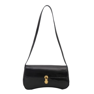 French retro black patent leather underarm bag with curved bottom and gold buckle