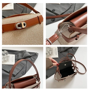 Detail view of woven leather bag featuring metal clasp and internal compartment