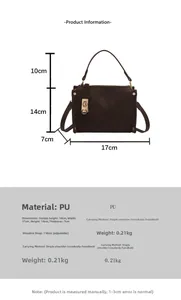 Detailed size chart for vintage brown PU leather crossbody bag showing dimensions and specs