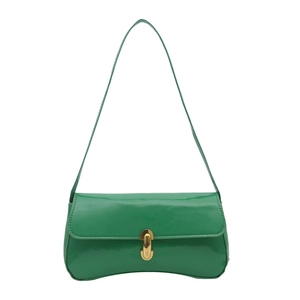 Fashionable bright green PU leather crossbody bag with golden buckle and curved base