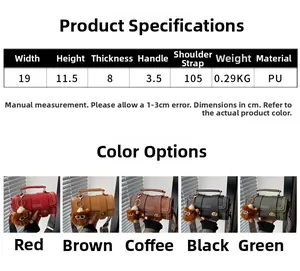 Detailed size chart and multi-color options for the 19x11.5x8cm PU leather handbag
