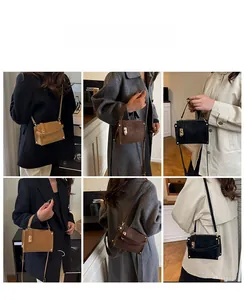 Collage of model wearing minimalist suede shoulder bags in khaki, brown and black colors
