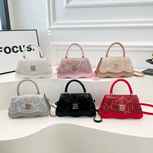 Women Shoulder Bag PU Leather Wavy Edge Bottom Letter Print Fashion Small Square Handbag Crossbody Elegant Purse