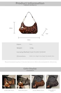 Detailed view of leopard print plush handbag with metal chain strap and size dimensions
