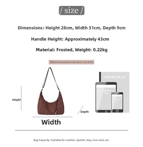 Brown suede tote bag size chart showing dimensions and capacity with iPad comparison
