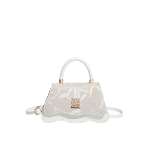 White faux leather crossbody handbag with wavy trim and metallic logo detail