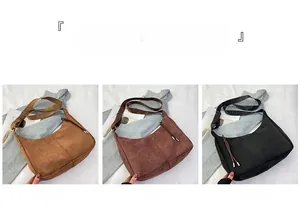 Detailed comparison of vintage suede crossbody bags in brown, coffee, and black tones
