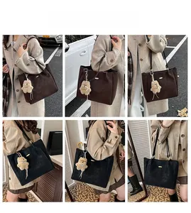 Collage of brown and black tote bags with pearl bear charm shown from multiple angles
