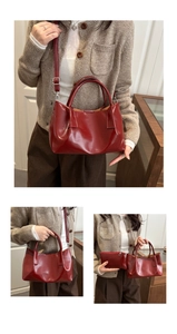 Détail du sac cabas en cuir verni rouge avec bandoulière amovible et petite pochette zippée